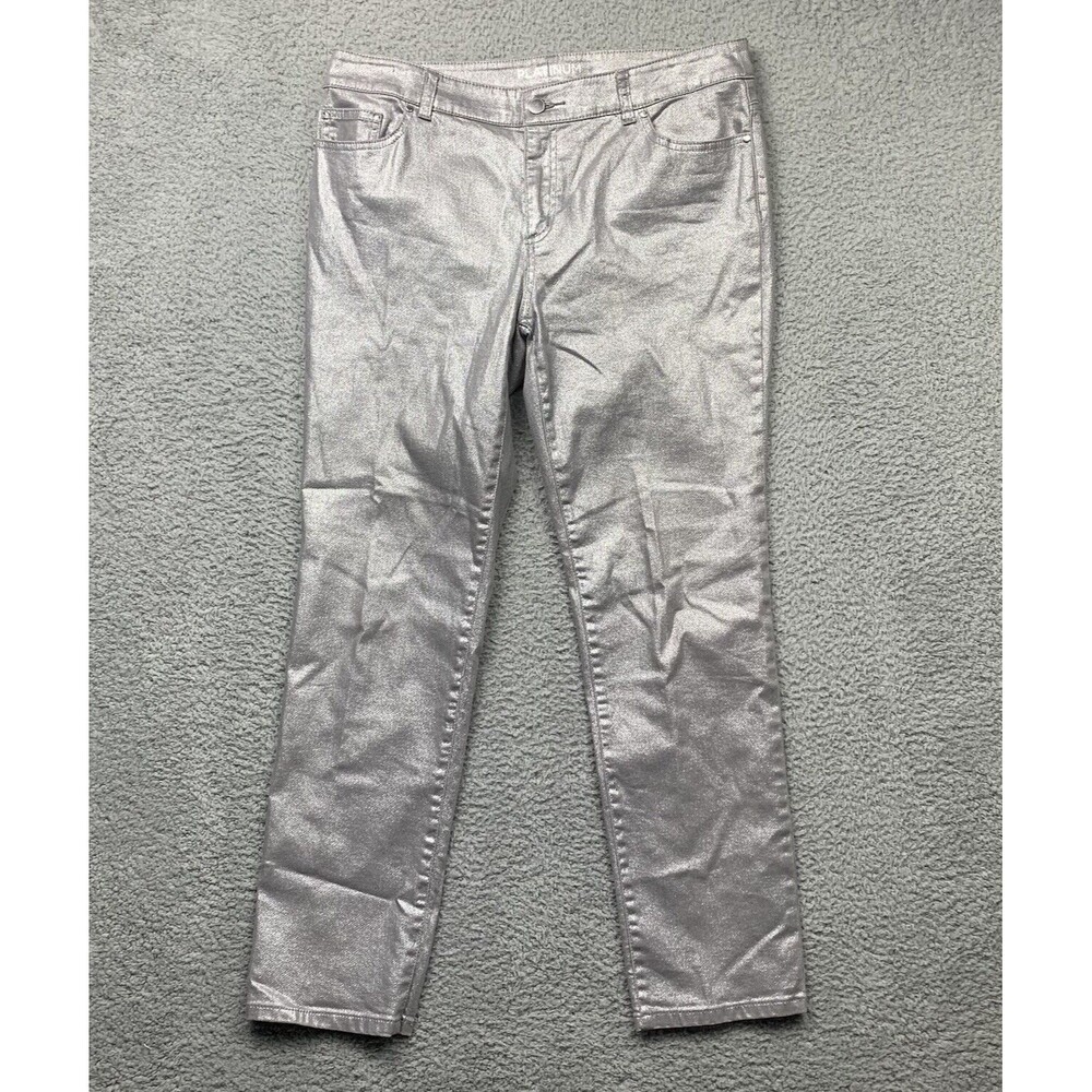Chicos Pants Womens 1.5/10 Silver Glitter Metallic Party Holiday Stretch